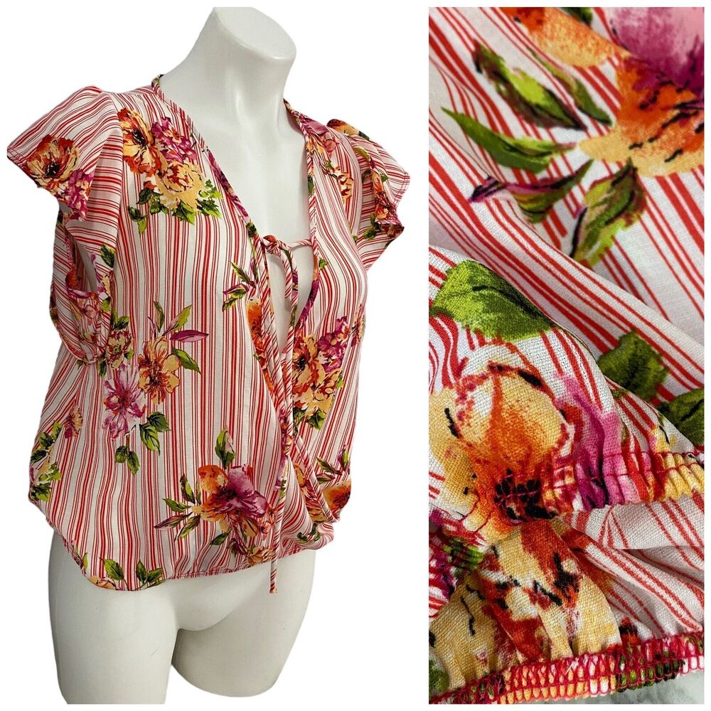 The Outfit Blouse Womens Medium Stripe Floral Surplice Work Office Beach Coastal